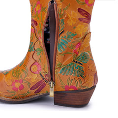 Socofy Winter Vintage Leather Floral Boots