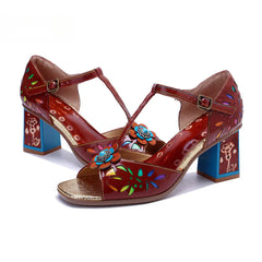 Socofy Crimson Blossom T-Strap Sandals