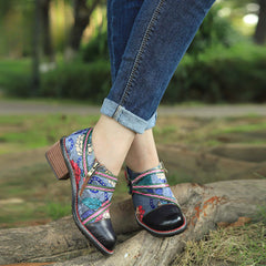 Socofy Leather Patchwork Vintage Graffiti Oxfords Brogues