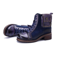 Socofy Handmade Genuine Leather Side Zip Short Boots