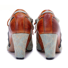 Socofy Genuine Leather Retro Fashion Lace Up Heels pumps