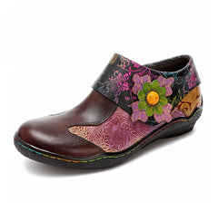 Socofy Vicconfy Ethnic Flower Leather Handmade Flat Shoes Low Heeled Single Shoes