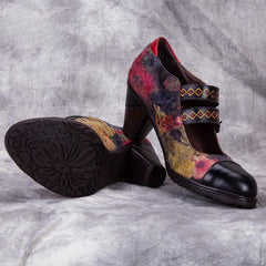 Socofy ethnic style retro genuine leather high heels women's shoes