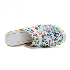 Socofy Handmade Leather Crushed Flower Rustic Casual Fashion Comfortable High Heeled Sandals