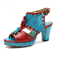 Socofy summer genuine leather retro hollow design high heel sandals