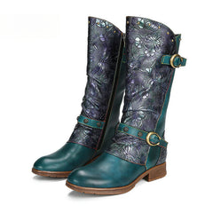 Socofy Vicconfy Side Zipper Vintage Floral Flat Heel Long Boots