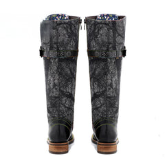 Socofy Vicconfy Genuine Leather Dark Flower Lace Up Flat Boots