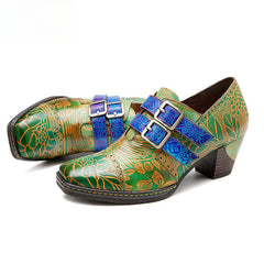 Socofy genuine leather green printed pastoral style retro thick heel women's high heels