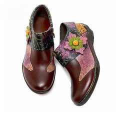 Socofy Vicconfy Ethnic Flower Leather Handmade Flat Shoes Low Heeled Single Shoes