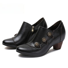 Socofy Vicconfy Genuine Leather Ethnic Style Handmade Vintage Literary Buckle Heels