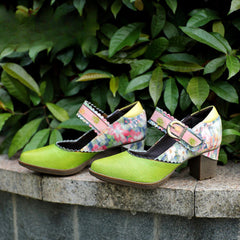 Socofy Vicconfy Floral Leather Women's Mary Jane Heel