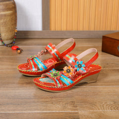 Socofy Vicconfy Genunie Leather Floral Handmade Women's Sandals