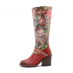 Socofy Vicconfy Handmade Color Rubbed Leather Printed Belt Buckle Chunky Heel Women's Boots
