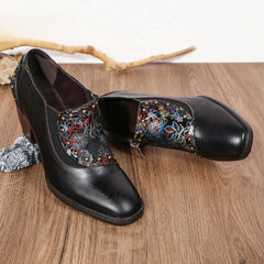 Socofy Vicconfy Round Toe Leather Fashion Side Zipper Heels Single Shoes Women's Shoes