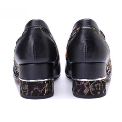 Socofy Leather Patchwork Comfortable Chunky Heeled Loafers Shoes