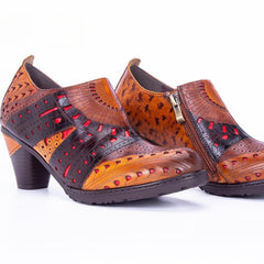 Socofy thick heel low top round toe eyelte deco women's retro heels pumps