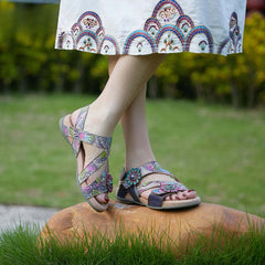 Socofy Bohemian retro first-layer cowhide flower-embellished women's sandals