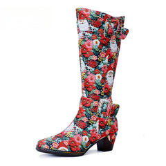 Chrismas Exclusive|Socofy Vicconfy Vintage Print Casual Chunky Heel Comfort High Boots
