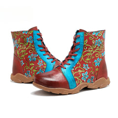 Socofy Vicconfy Handmade Leather Print Ankle Boots