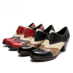 Socofy Thick-heeled retro ethnic style low-top round-toe women pumps