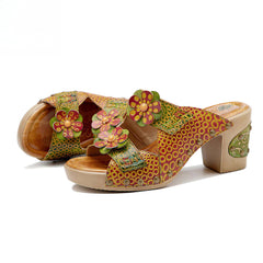 Socofy Spring and summer genuine leather retro flower comfortable thick heel high heel sandals