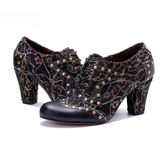 Socofy genuine leather Women's Leather Rivet Retro Fashion High Heeled Shoes