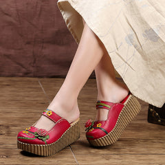 Socofy Leather Ethnic Style Platform Slippers