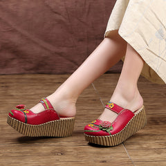 Socofy Leather Ethnic Style Platform Slippers