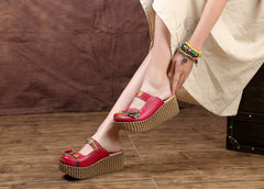 Socofy Leather Ethnic Style Platform Slippers