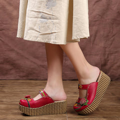 Socofy Leather Ethnic Style Platform Slippers