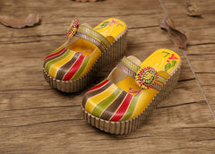 Socofy Vintage Cowhide Leather Platform Slippers