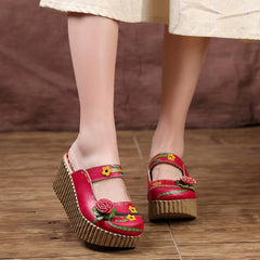 Socofy Leather Ethnic Style Platform Slippers