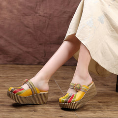 Socofy Vintage Cowhide Leather Platform Slippers