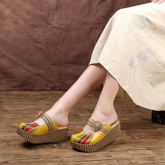 Socofy Vintage Cowhide Leather Platform Slippers