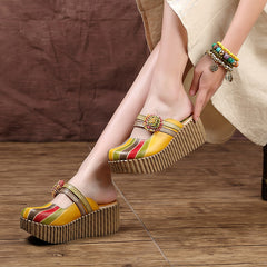 Socofy Vintage Cowhide Leather Platform Slippers