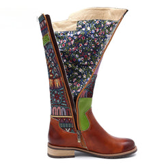 Socofy Vicconfy Genuine Leather Vintage Patchwork Long Warm Boots