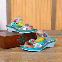 Socofy summer fashionable flower women's shoes ethnic style retro casual leather wedge slippers
