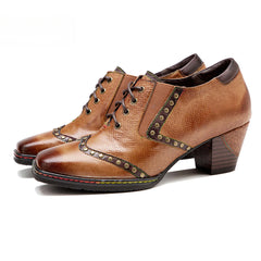 Socofy Genuine Leather Retro Brown Strappy Thick Heel Women's High Heels