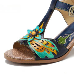 Socofy Genuine Leather Hand-painted Retro Contrast Comfortable High Heeled Sandals