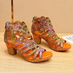 Socofy Genuine Leather Hand-painted Retro Sewing Zip Casual Handmade Sandals