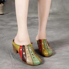 Socofy Genuine Leather Sewing Slides Colorful Hollow Handmade Ladies Slippers