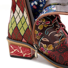 Socofy Vicconfy Genuine Leather Lace Up Cowboy Jacquard Colorblocking Ankle Boots