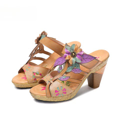 Socofy Vicconfy Flower Patchwork Head Cowhide High Heel Women's Sandals Slippers