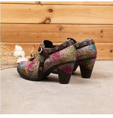 SOCOFY Genuine Leather Slip-On Square heel Round Toe Mixed Colors Heels