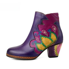 Socofy Vicconfy Retro Pattern Leather Zipper Ankle Boots