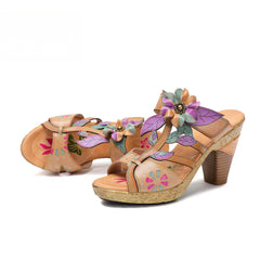 Socofy Vicconfy Flower Patchwork Head Cowhide High Heel Women's Sandals Slippers