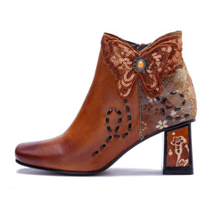 Socofy Retro Handmade Leather Butterfly Side Zip Heeled Boots