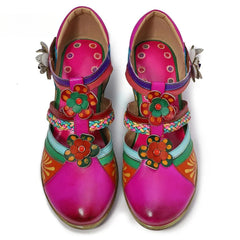 Socofy Summer Genuine Leather Casual Hook & Loop Hand-painted Sewing Retro Flower Women Sandals