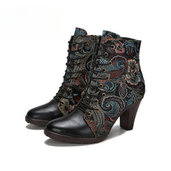 Socofy Vicconfy Cowhide Non-Slip Vintage Embroidered Heel Ankle Boots