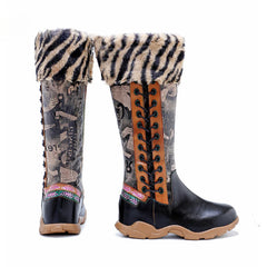 Socofy Vicconfy Printed Patchwork Padded Comfort Flat High Boots